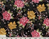 Pink and Golden Yellow ROSES on BLACK Fabric New 100% Cotton Quilting Sewing Floral