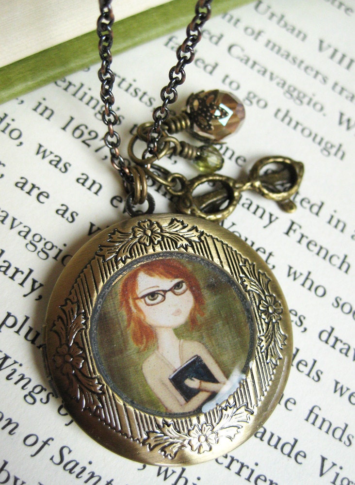 Redhead Reader Locket Necklace - art jewelry, antique locket