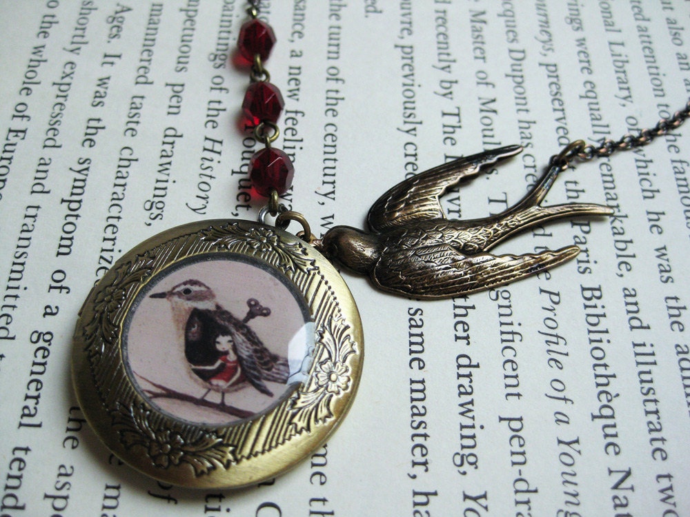 Antique Locket - Caging the Forest Bird - photo locket necklaces, statement necklace