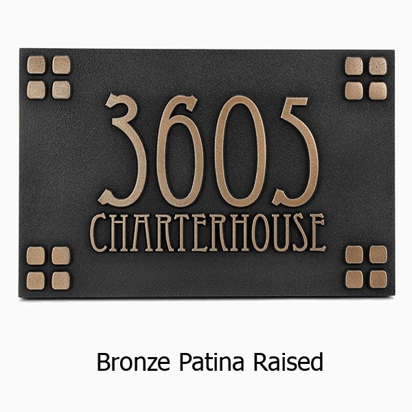 Mission Style, Ranch, Address Sign 12 x 8 inches Eccentric Font used with four Squares in each corner by Atlas Signs
