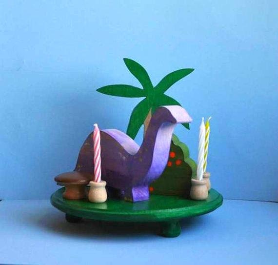 Wooden Birthday Decor - Cake Topper - Wooden Purple Dinosaur / Montessori Waldorf Toy.
