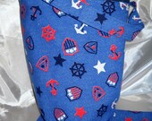 Knitting bag, knitting project bag for sock knitters, WIP or KIP bag, zipper notions pouch, pockets, crochet tote, nautical denim print