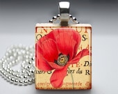 Red Poppy Necklace, Remembrance Jewelry, Scrabble Tile Pendant