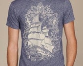 Men's t-shirt. Tall Ship T-shirt, Sailing Ship. Pirate Ship Alternative Eco Navy Heather Crew t-shirt