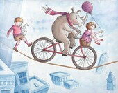 The Balancing Act: Nursery Art Print - Children's Art - Home Decor - rhino - tightrope - city - 8 X 10