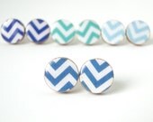 Denim Blue Chevron Earrings - Geometric Jewelry - Wood Earrings - Made to Order - Gift Under 10 - Blue Stud Earrings - Zig Zag