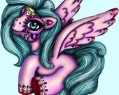 Pink and Teal Day of the Dead Pegasus A4 Art Print by Hungry Designs