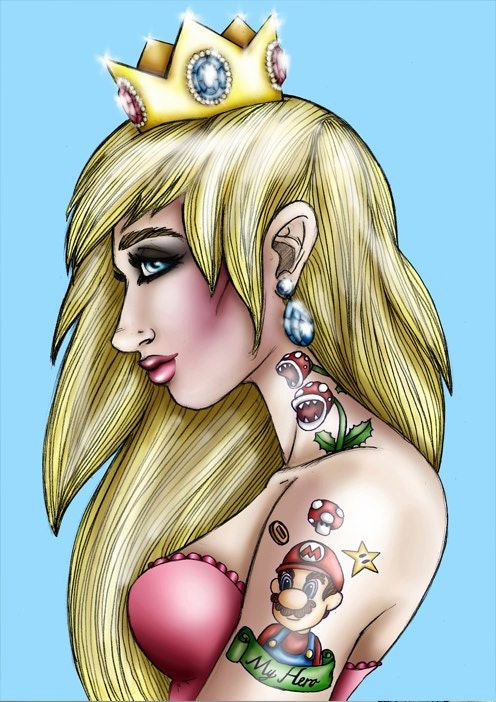 Tattooed Princess Peach Mario A4 Art Print by Hungry Designs