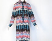 70s Shirt Dress / Deco Print / Vintage 1970s Dress / Medium M