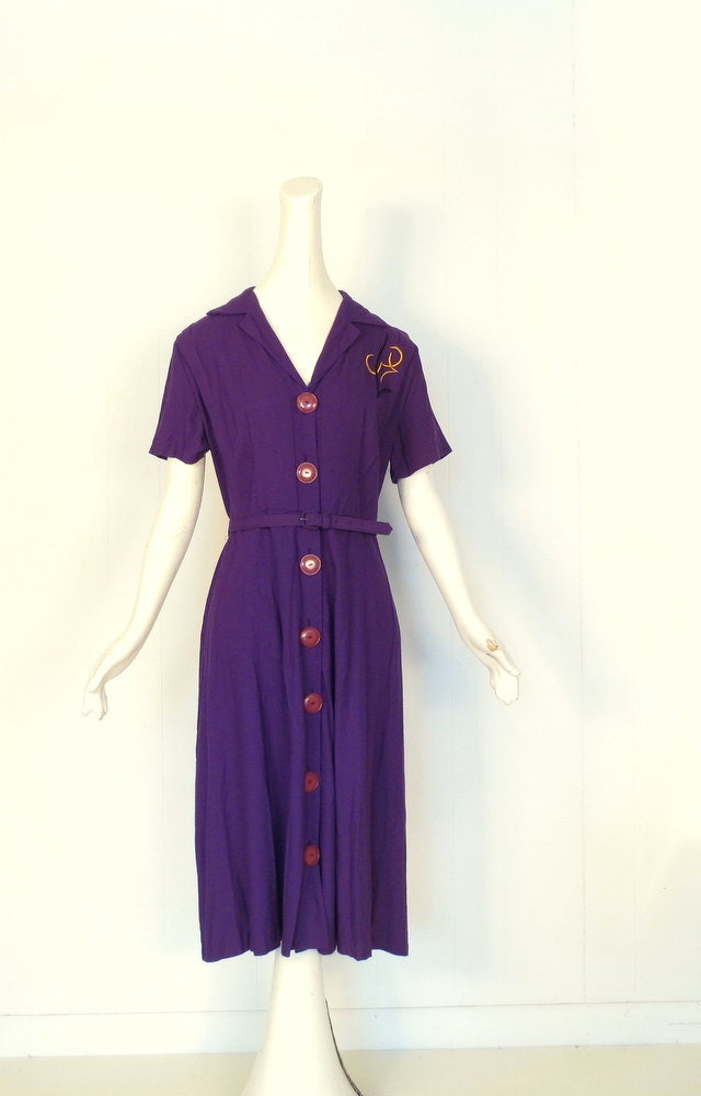 50s Knit Dress / Vintage 1950s Dress / Purple Dress / Large L
