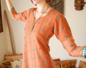 Gypsy Sari Dress Vintage Salmon Pink Sun Stars Embroidered Gypsy Ethnic India Sari Dress (xs s)