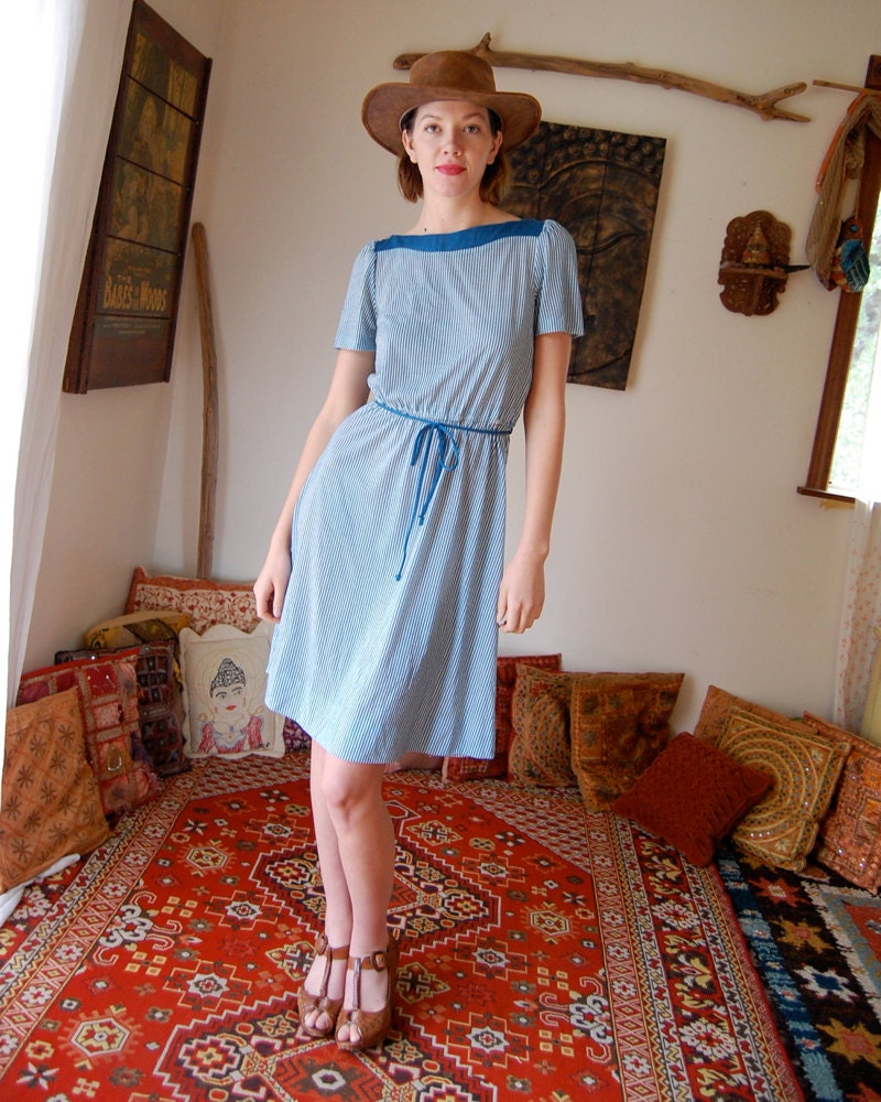 Striped Dress Vintage 80s Teal and White Pinstriped Shirt Dress (s m)