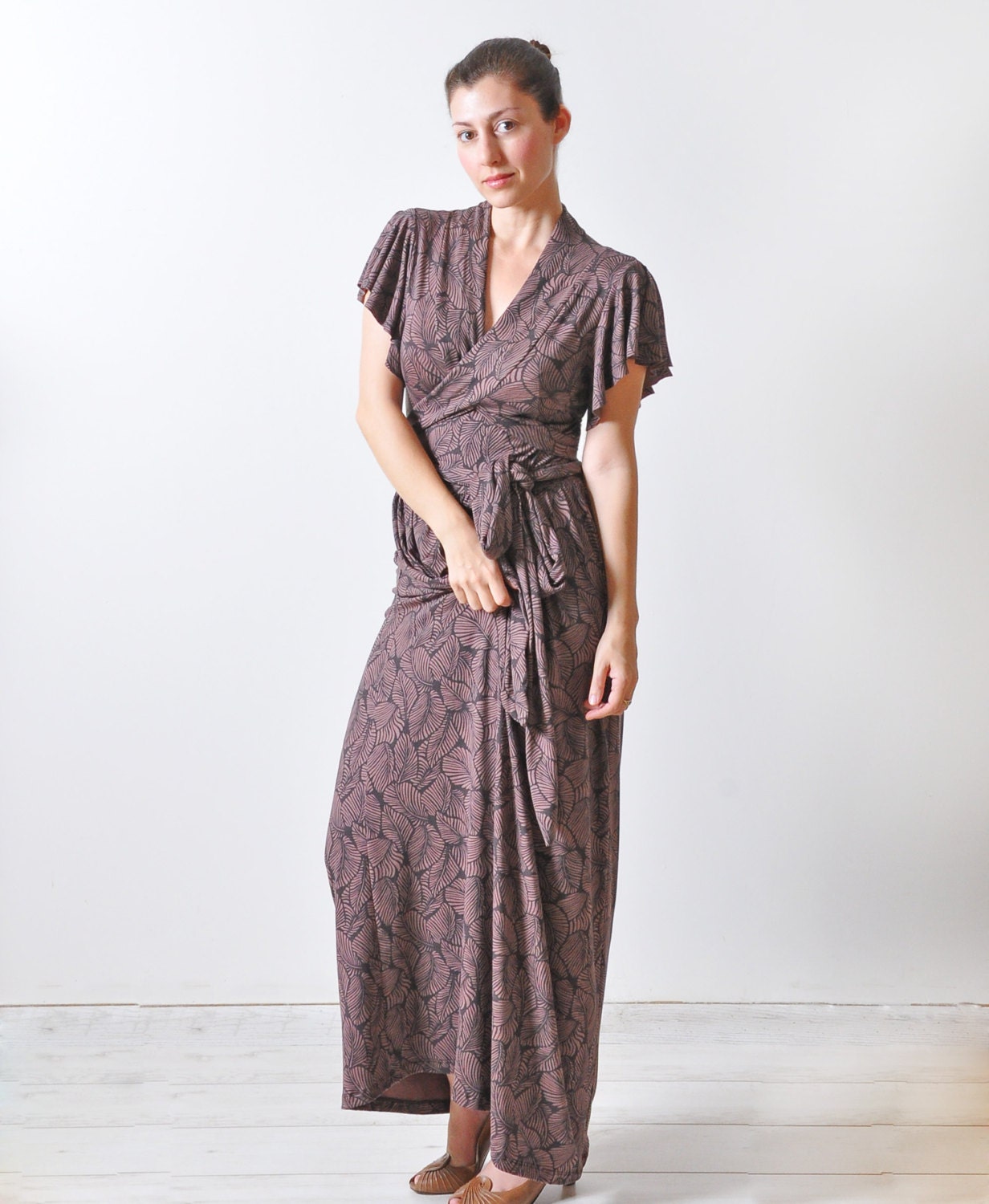 Maxi Evening Dress, Wrap,  Vacation Dress, Bohemian Bridesmaid Dress,  Brown Print