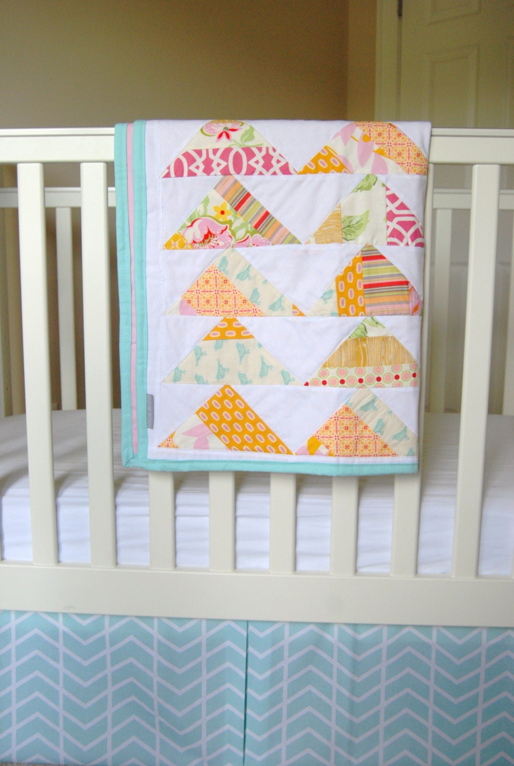 Arrows Baby Quilt in melon and aqua - READY TO SHIP
