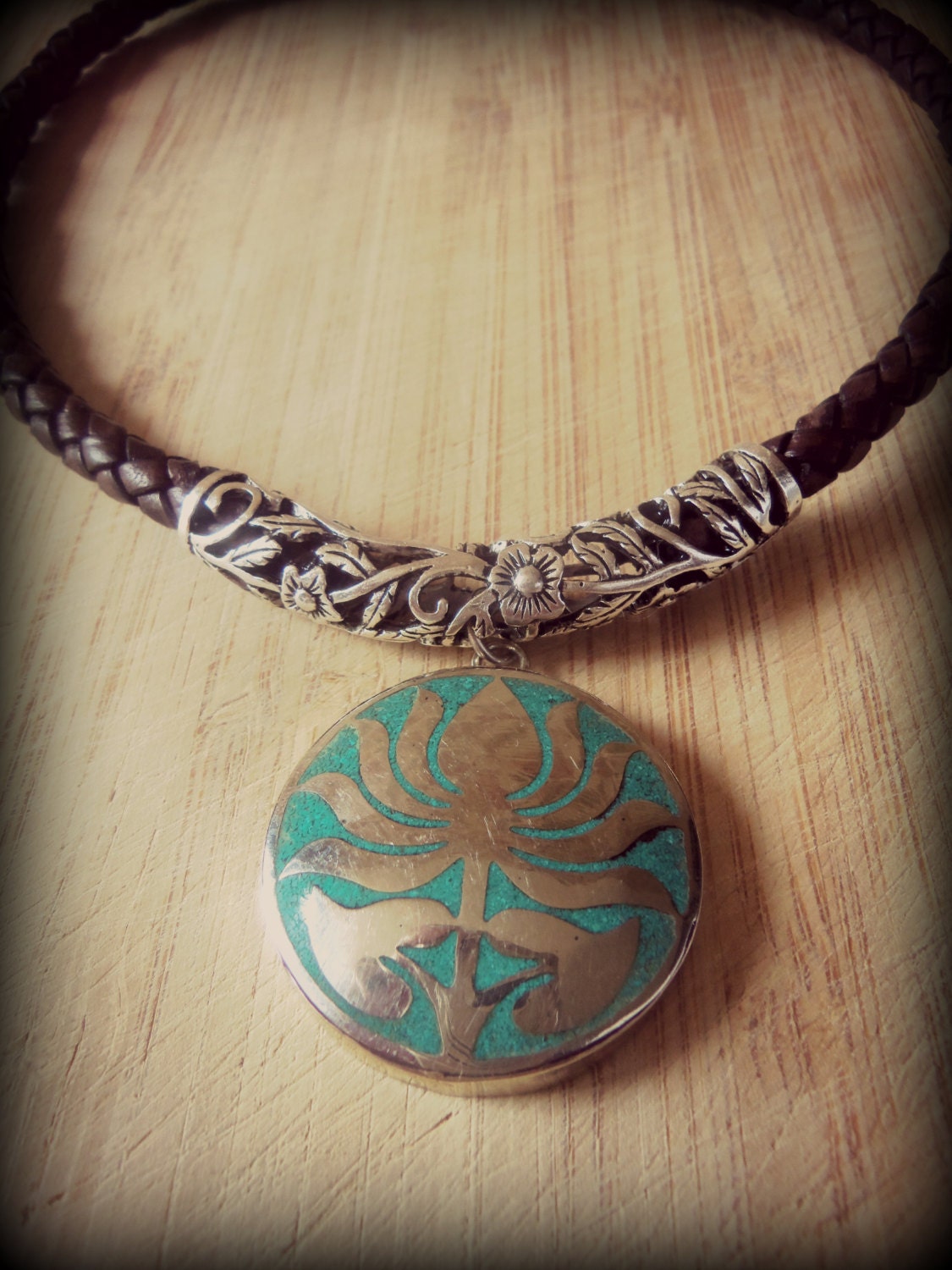 Tribal Silver and Turquoise Lotus Pendant Necklace Braided Letaher