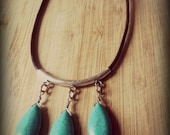 Bohemian Three Turquoise Teardrop Pendant Necklace Leather Silver
