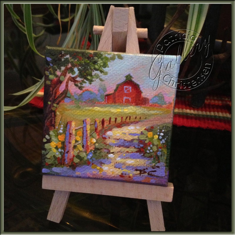 Miniature Painting on Canvas Country Farm Road Barn - Plus Display Easel - by Patricia Lee Christensen - FREE Shipping