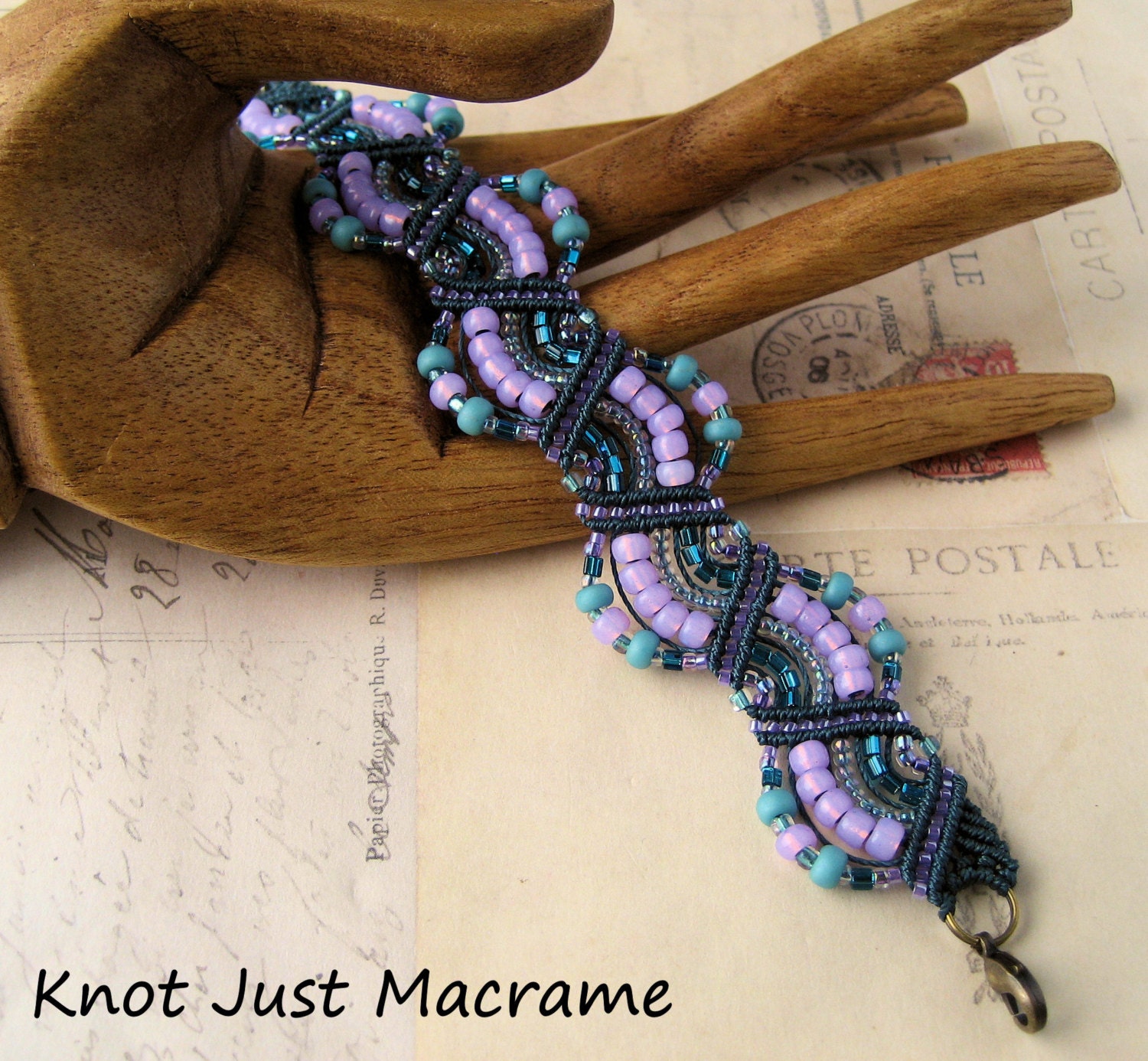 Beaded Macrame Bracelet Waves of Teal Blue and Lavender