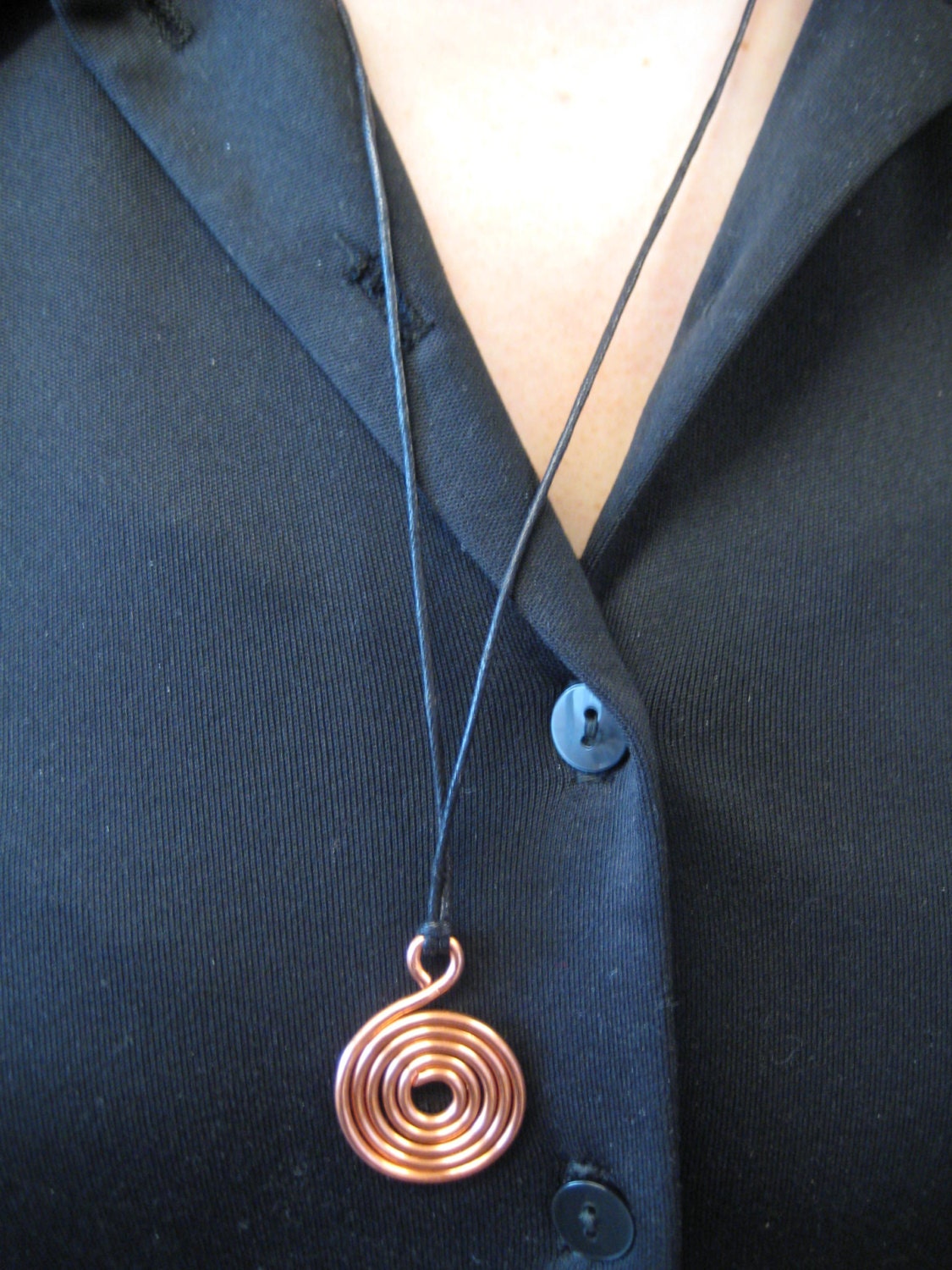 Steampunk spiral Copper loop pendant on cord with adjustable knots