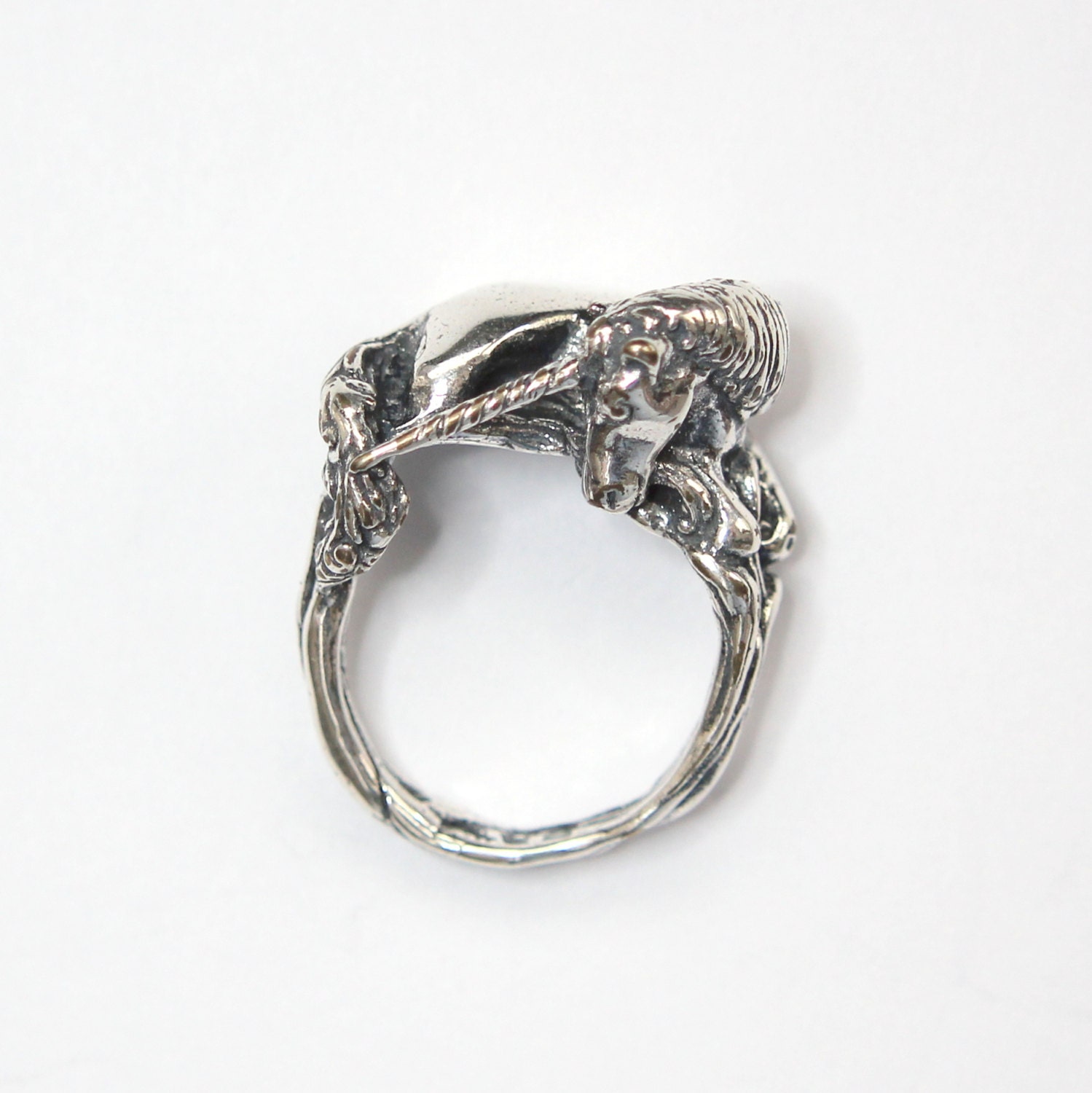Sleeping Unicorn Ring in Solid White Bronze with Sterling Silver Overlay - Size 6 Unicorn Statement Ring