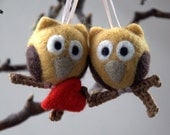 2 owls ornaments needle felted red heart crochet branch gray beige eco friendly gift children bedroom decor woodland party Mother Birthday