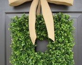 Square Artificial Boxwood Wreath with Burlap Ribbon 14 inch