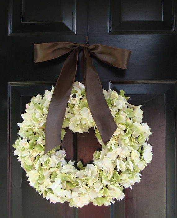 Hydrangea Wreath- Green Hydrangea Wreath Satin Ribbon- Spring Wreath- Girls Room Decor- Wall Art- Hydrangea Door Wedding Wreath