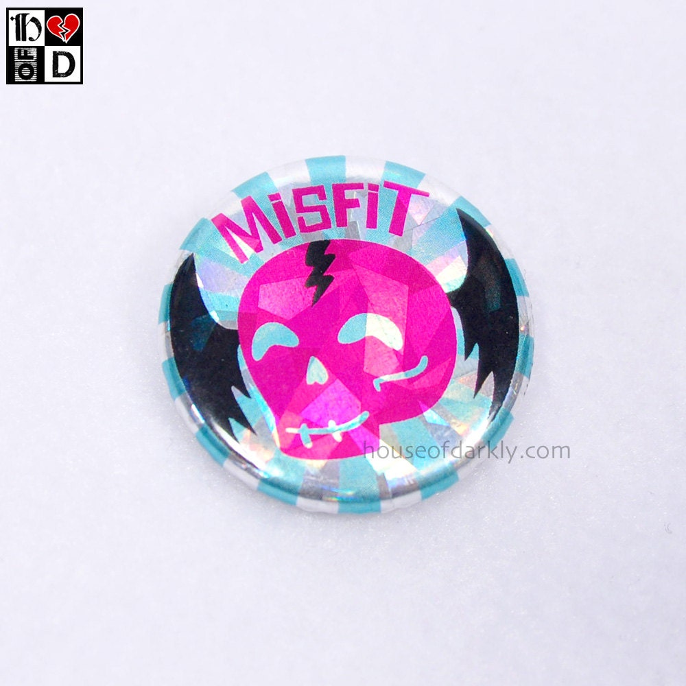 Flying Skully "MISFIT" holographic pinback button 1.25"