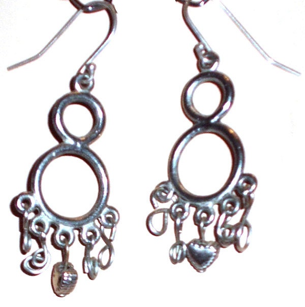 Silver Chandelier Earrings Heart Dangle, With Sterling Silver Wires