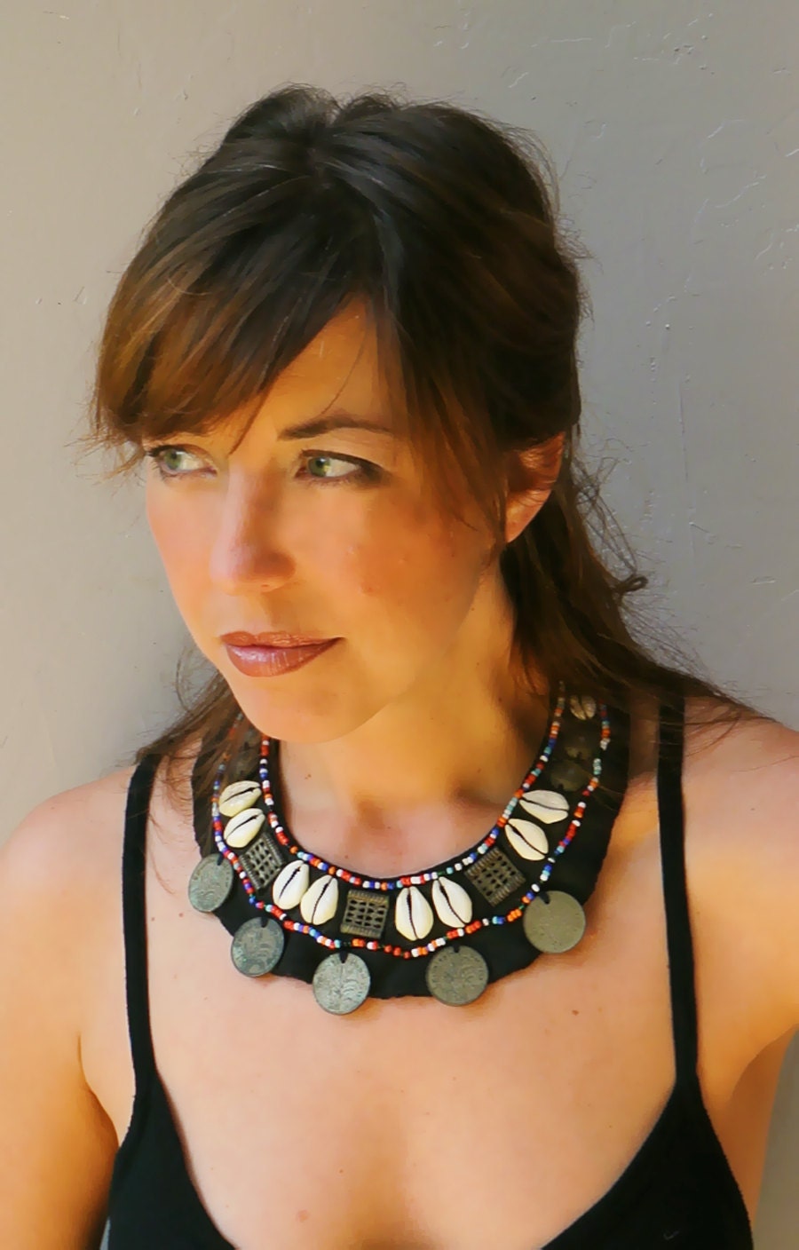 tribal bib necklace vintage coins shell handmade beaded statement necklace