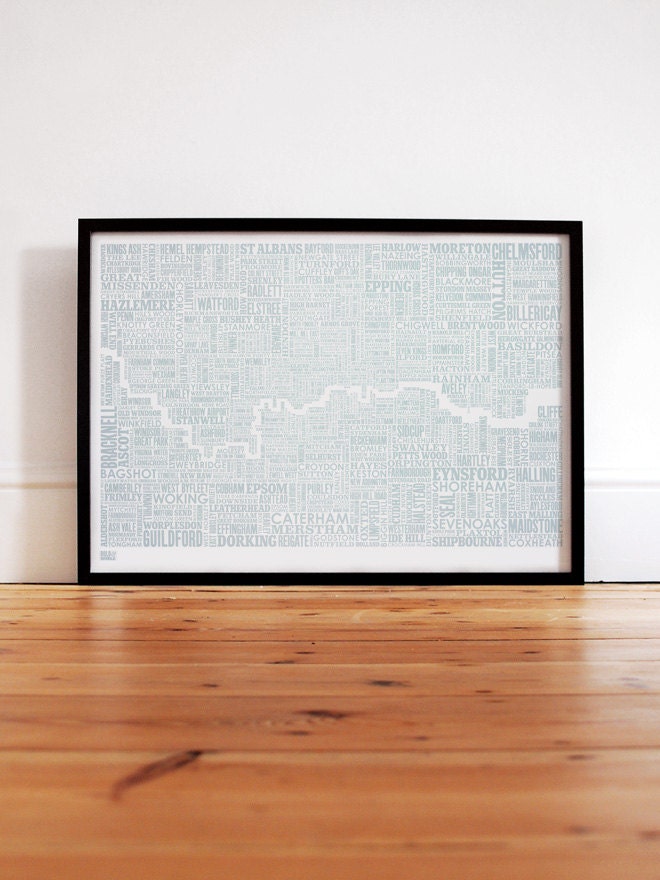 London and beyond Type Map in Duck Egg Blue - decorative screen print