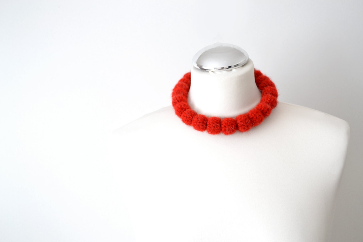 red textile puffy bead necklace, nursing necklace in boho style, from red puffy yarn and satin band, love gift for her, bold necklace