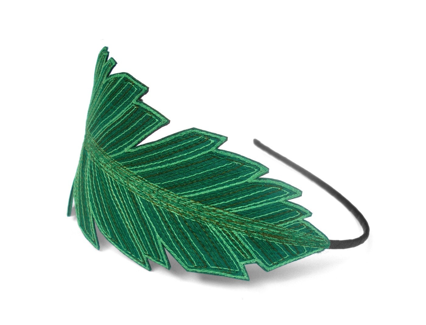 Feather Headband- Emerald Green with Mint Leaf Green, Emerald, and Dark Sage Embroidery