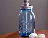 Vintage Blue Mason Jar Quart Soap Lotion Dispenser. Farm House Decor, silver 2 piece lid and silver pump