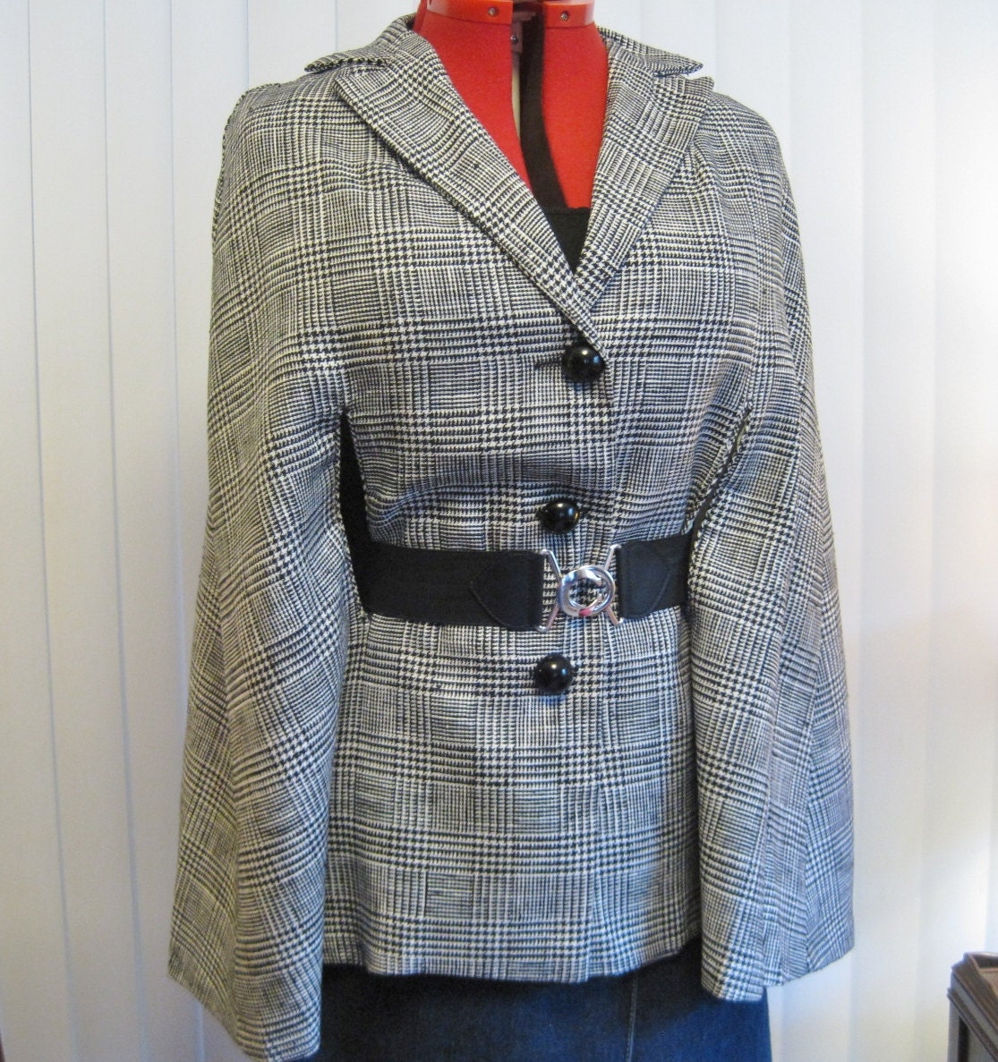 1960s Mod Sophisticate Black and White Plaid Raw Silk or Linen Cape