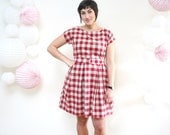 Size Large- Fifties Full Skirt Vintage Inspired Dress- Red Raspberry and Cream Gingham Retro Dress