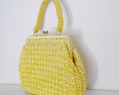 vintage 60s LEMON yellow raffia straw BEADED ladylike SUMMER handbag purse