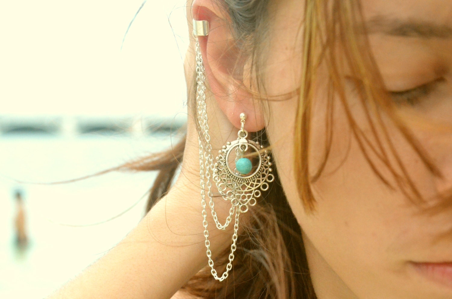 Ear Cuff Earring Boho Bohemian Hipster Chandelier Turquoise Bead Silver Chain