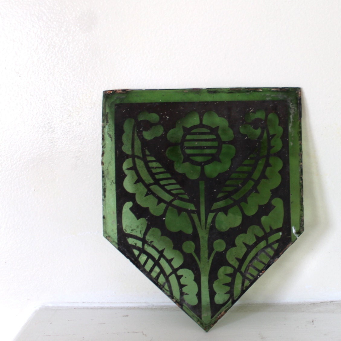 Reserved for Lisa ....Anitque stained glass fragment 1900 - 1920's handpainted green glass from chapel in Chicago