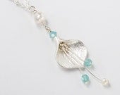 Handmade Jewelry Necklace silver Calla Lily flower bird charm genuine pearls blue opal crystal pendant Wedding Jewelry Bridal Gift R1093