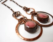 Ceramic and Copper Dangle Earrings, Textured Antiqued Brass, Elaine Ray Ceramic Disc Beads, Rustic Fashion, Natural Jewelry