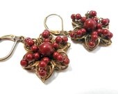 Burgundy Pearl Drop Earrings, Floral Filigree, Glass Pearl, Antiqued Brass, Flower Earrings, Wine Glass Pearls, Summer Fashion