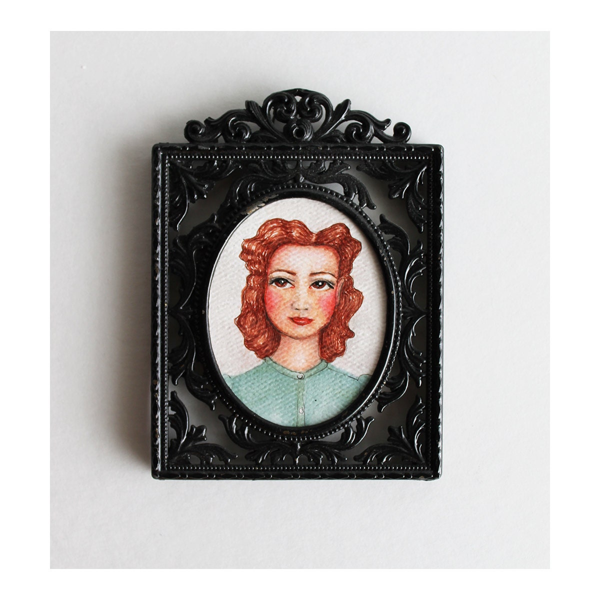 1940's redheaded school girl painting portrait by Julie Tillman small framed art tiny art