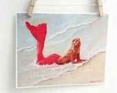 Mermaid beach decor art print- ocean, pastel pink, mint 8x10 inch from an original painting by Cathie Carlson