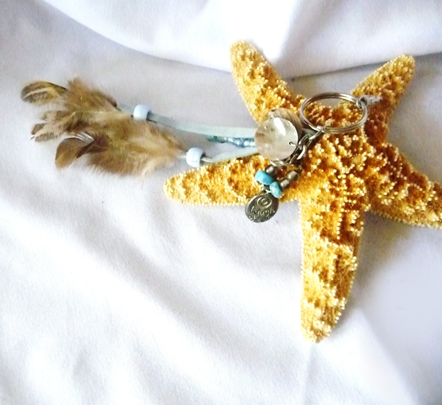 RICHARME Laugh Often Love Much Bead & Feather Key Chain Leather Purse Dangle