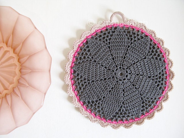 Modern folk kitchen decor, hand crochet pot holder, Selma in charcoal, neon pink & taupe - Ready to ship, by Emma Lamb