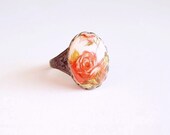 Peach Rose Cameo Ring Vintage Glass Coral Pink Foral Limoge Victorian Spring Floral