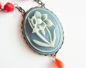 Flower Cameo Necklace Vintage Daffodil Pendant Blue Red Victorian Floral Spring Jewelry