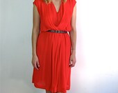 Bright Red Sheer Pleated 80's Dress