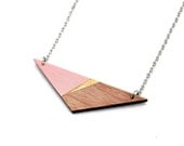 Geometric triangle wooden necklace - pale pink, gold, natural wood - minimalist, modern jewelry